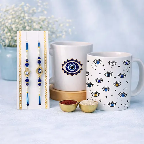 Rakhi Mug Gift Combo for Bhaiya Bhabhi | Evil Eye Designer Set-Giftii